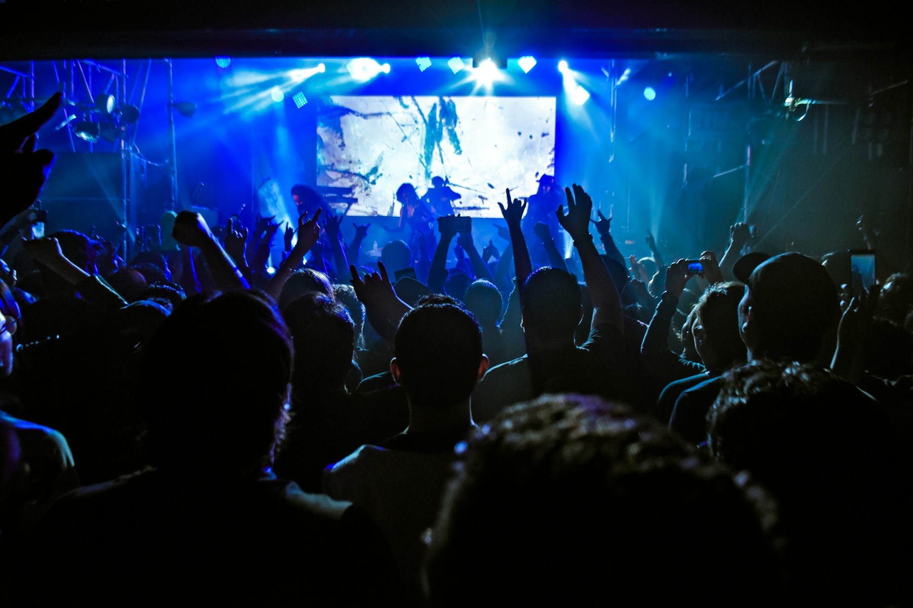 Público curtindo um show com luzes azuis